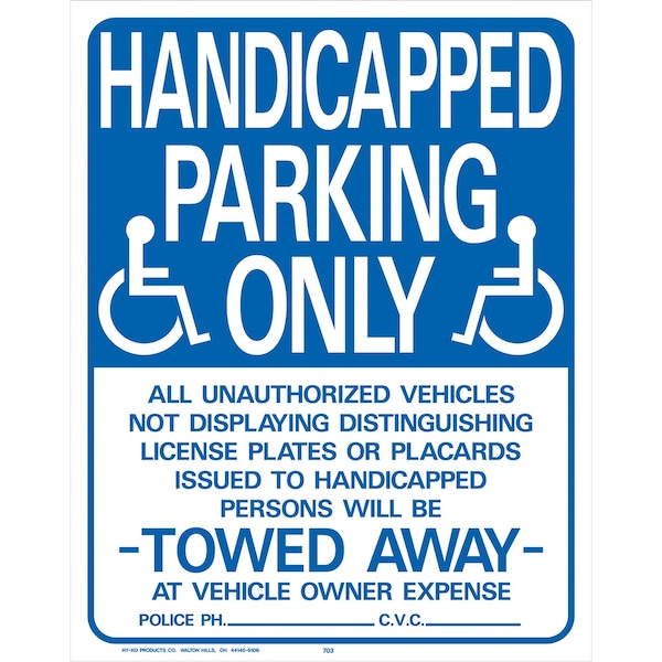 Hy-Ko Handicapped Parking Only Sign 10" x 14" A02084 - main